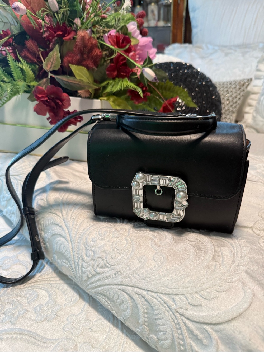 kate spade Black Leather Crossbody with Decorative Crystal Buckle